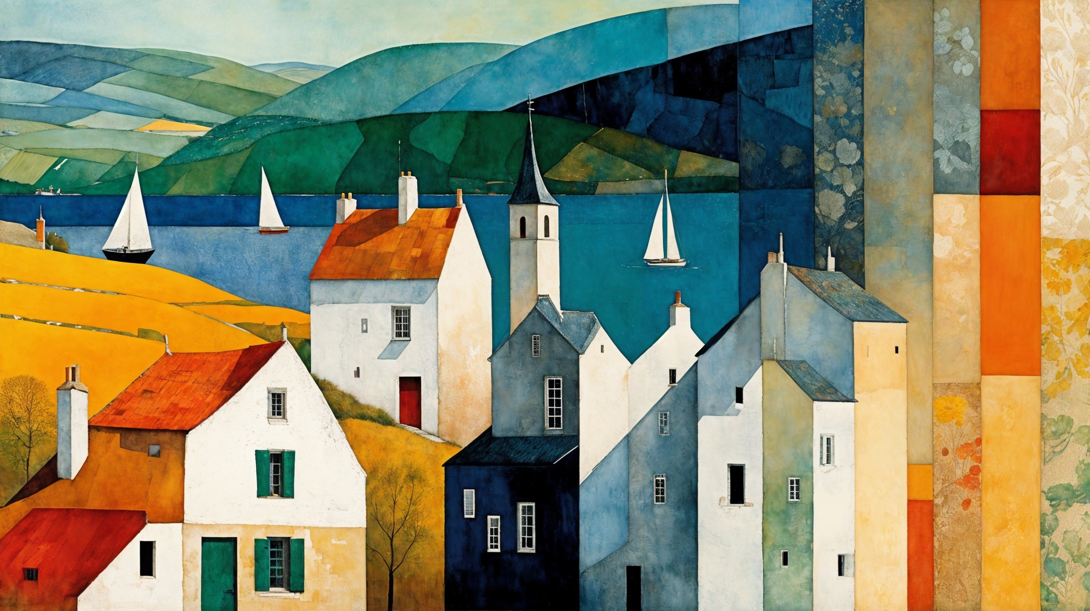 Vibrant Landscape with Colorful Houses and Water Scene