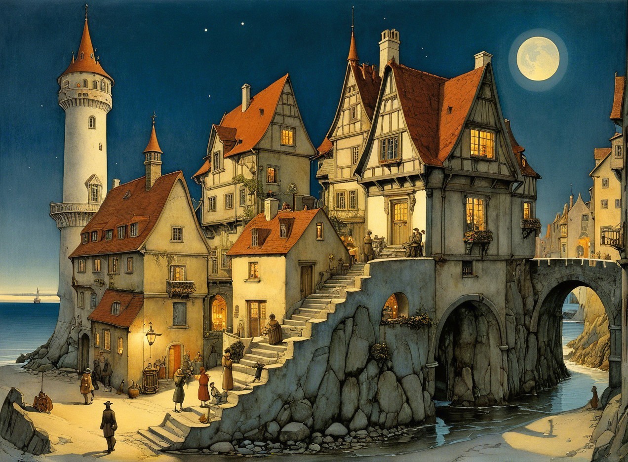 Whimsical Night Scene of a Charming Village