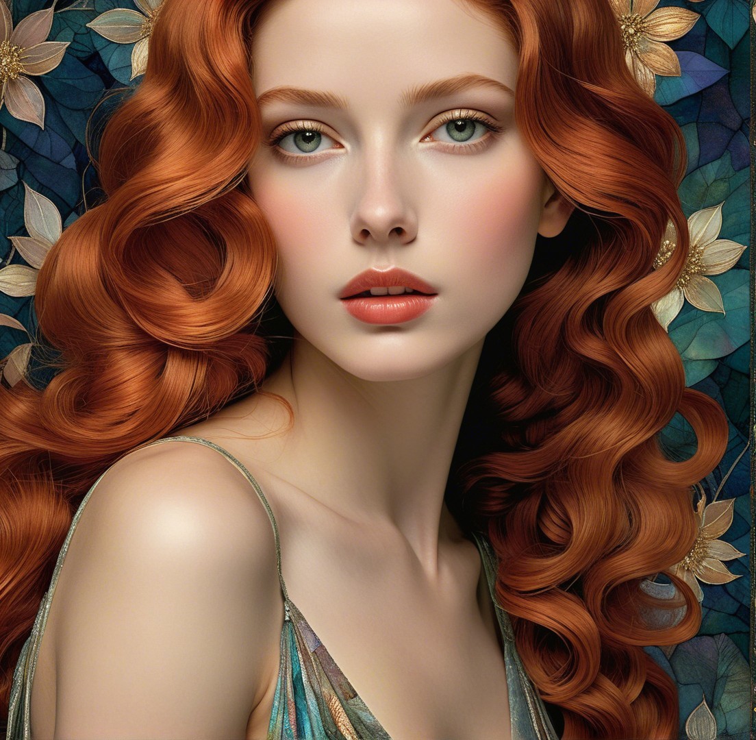 Young woman with red hair against floral backdrop