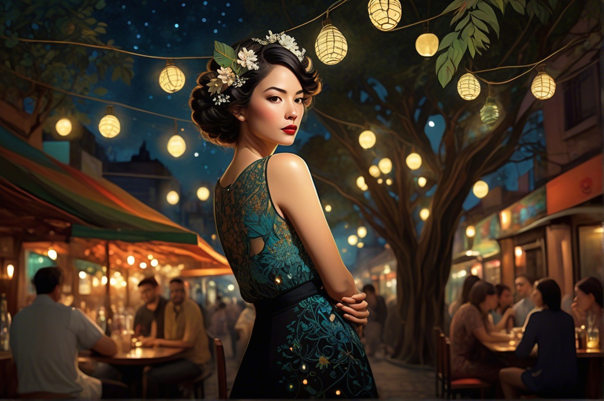 Elegant Woman in Teal Dress at Enchanting Night Market