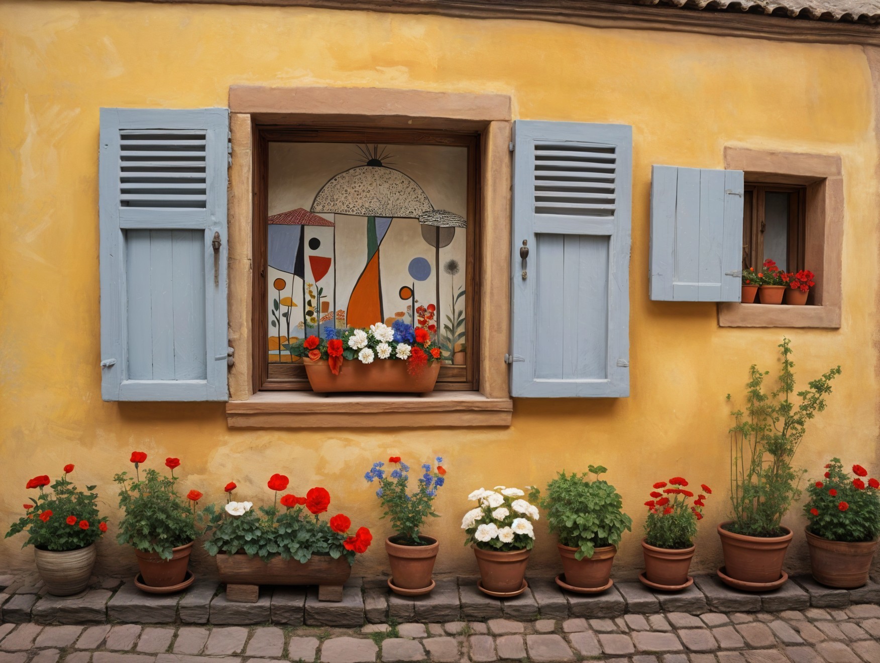 Sunlit Yellow Wall with Blue Shutters and Flower Pots