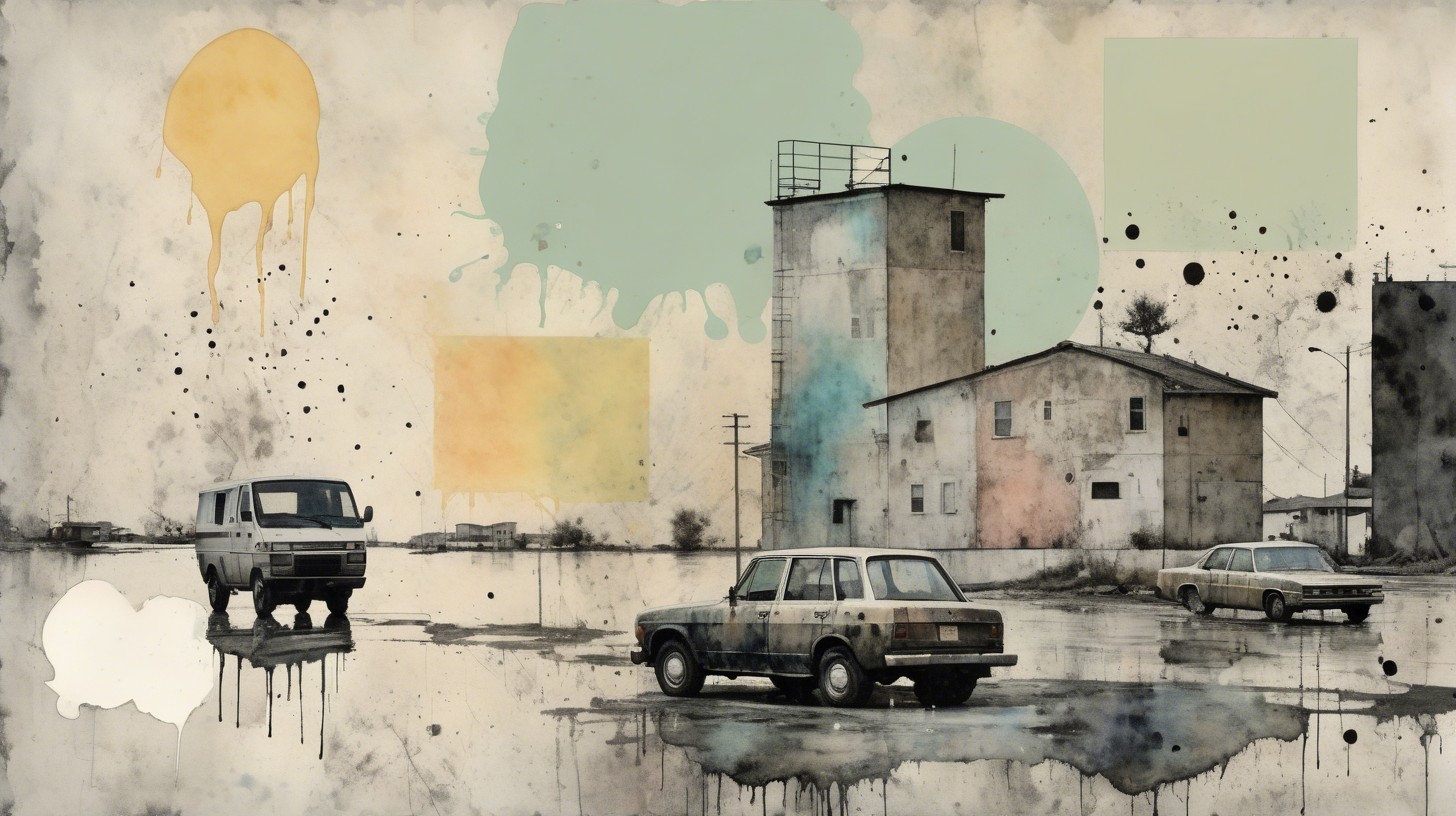 Desolate Landscape with Vintage Cars and Abstract Colors