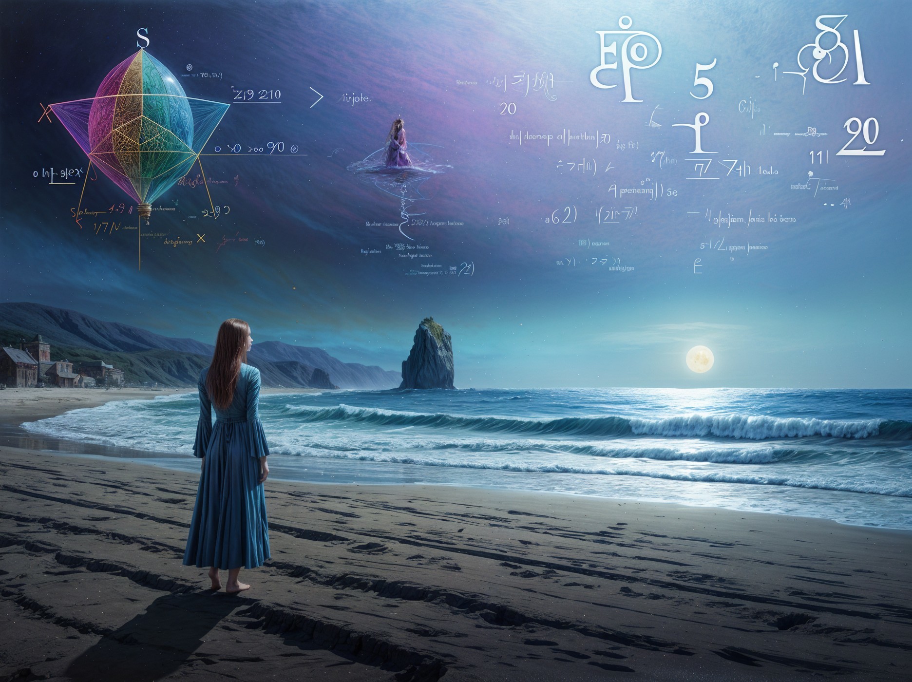 Twilight Beach Scene with Cosmic Sky and Woman