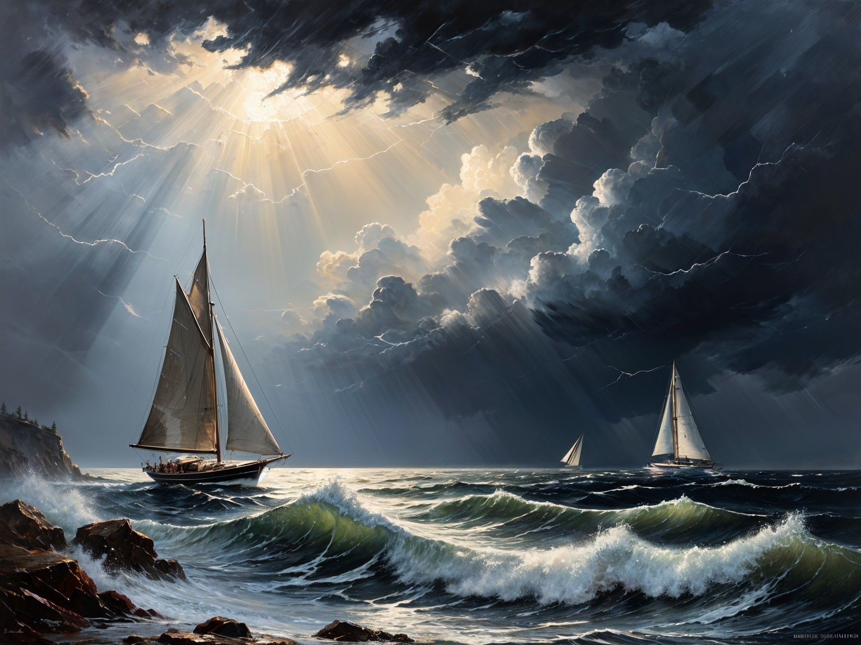Dramatic Seascape with Sailboats and Turbulent Waves