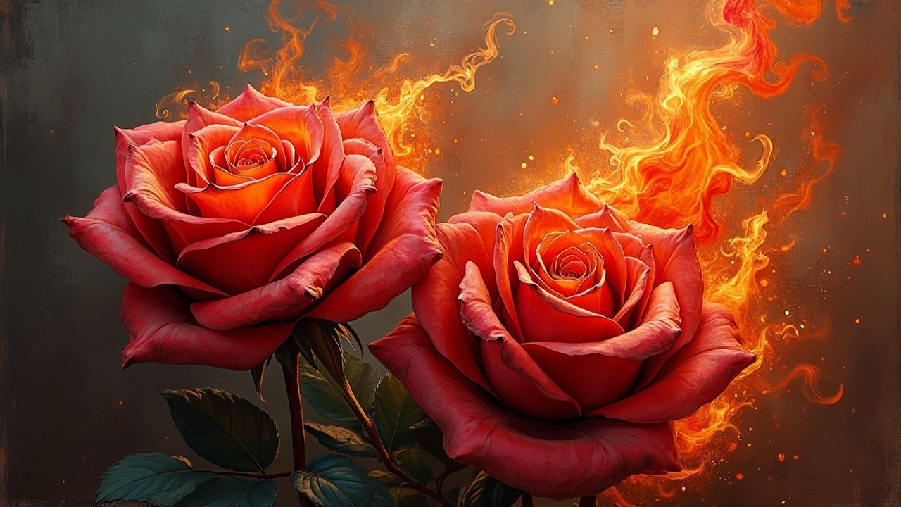 Vibrant Red Roses Amid Fiery Flames Display