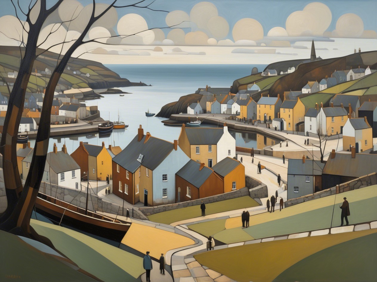 Stylized Coastal Village with Charming Houses and Harbor