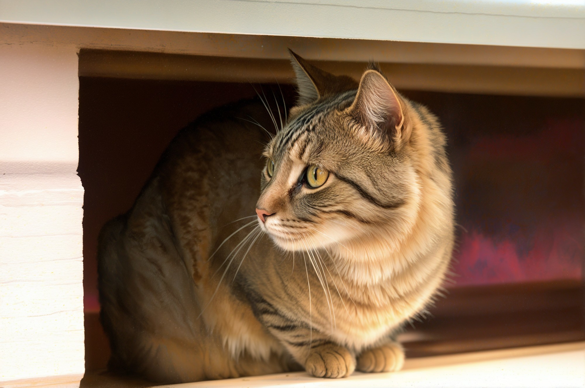 Tabby Cat with Green Eyes in Cozy Nook