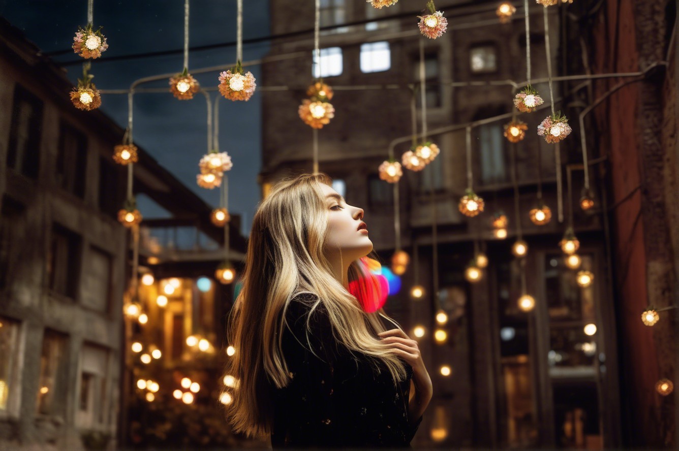 Young Woman in Dimly Lit Urban Setting with String Lights