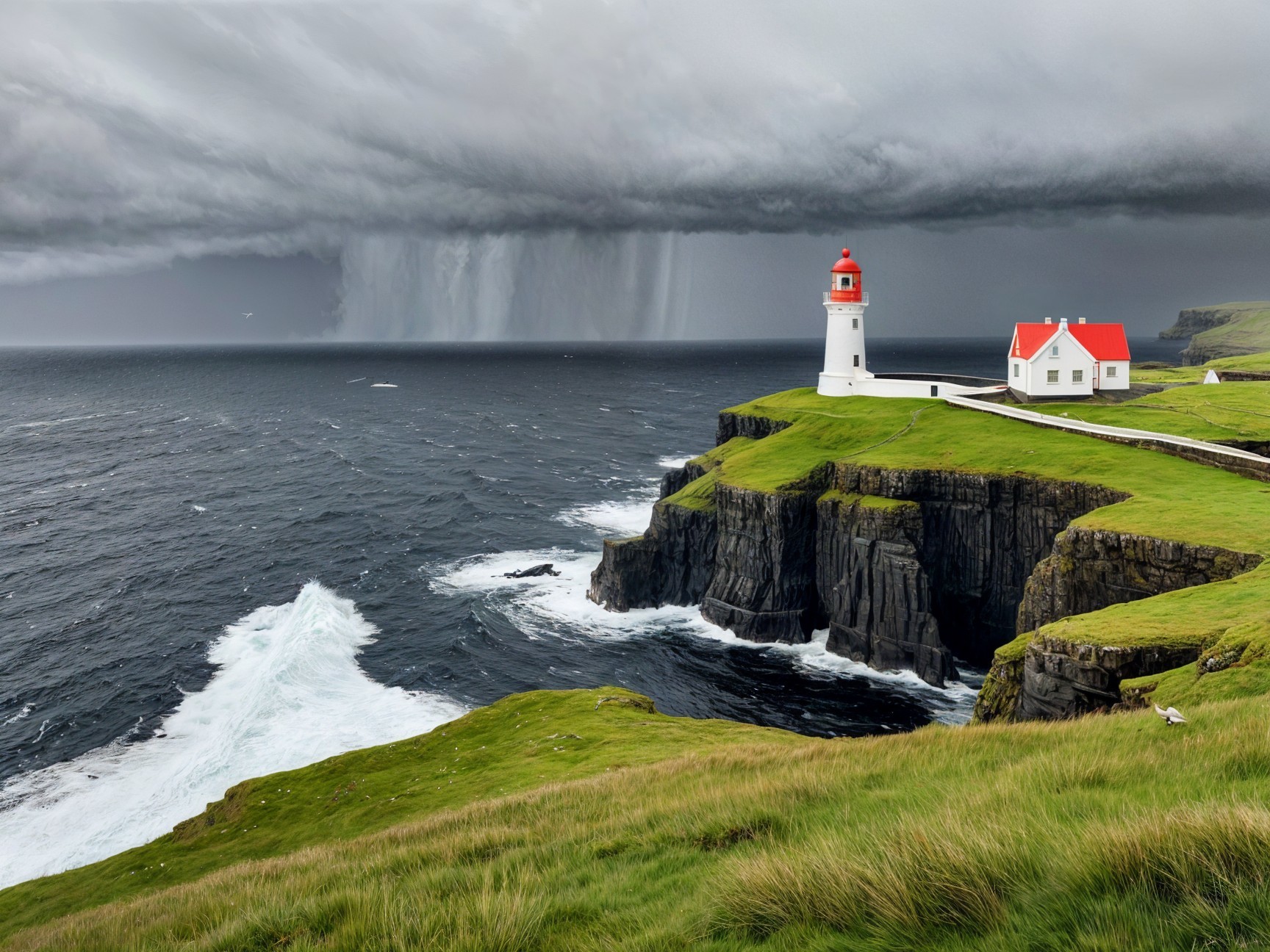 Lighthouse on Cliff with Turbulent Ocean and Clouds