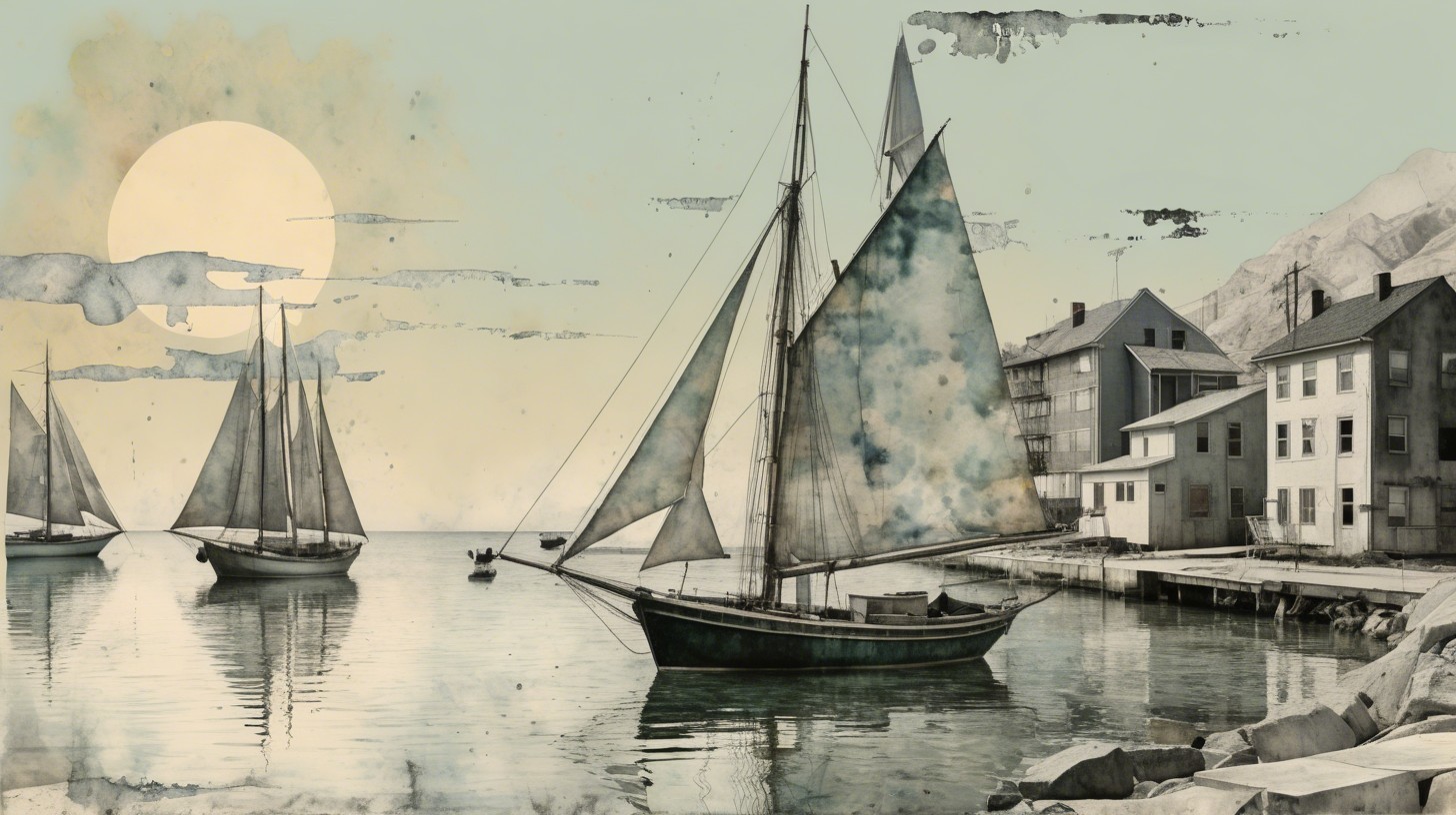Serene Coastal Scene with Sailboats and Gentle Sun