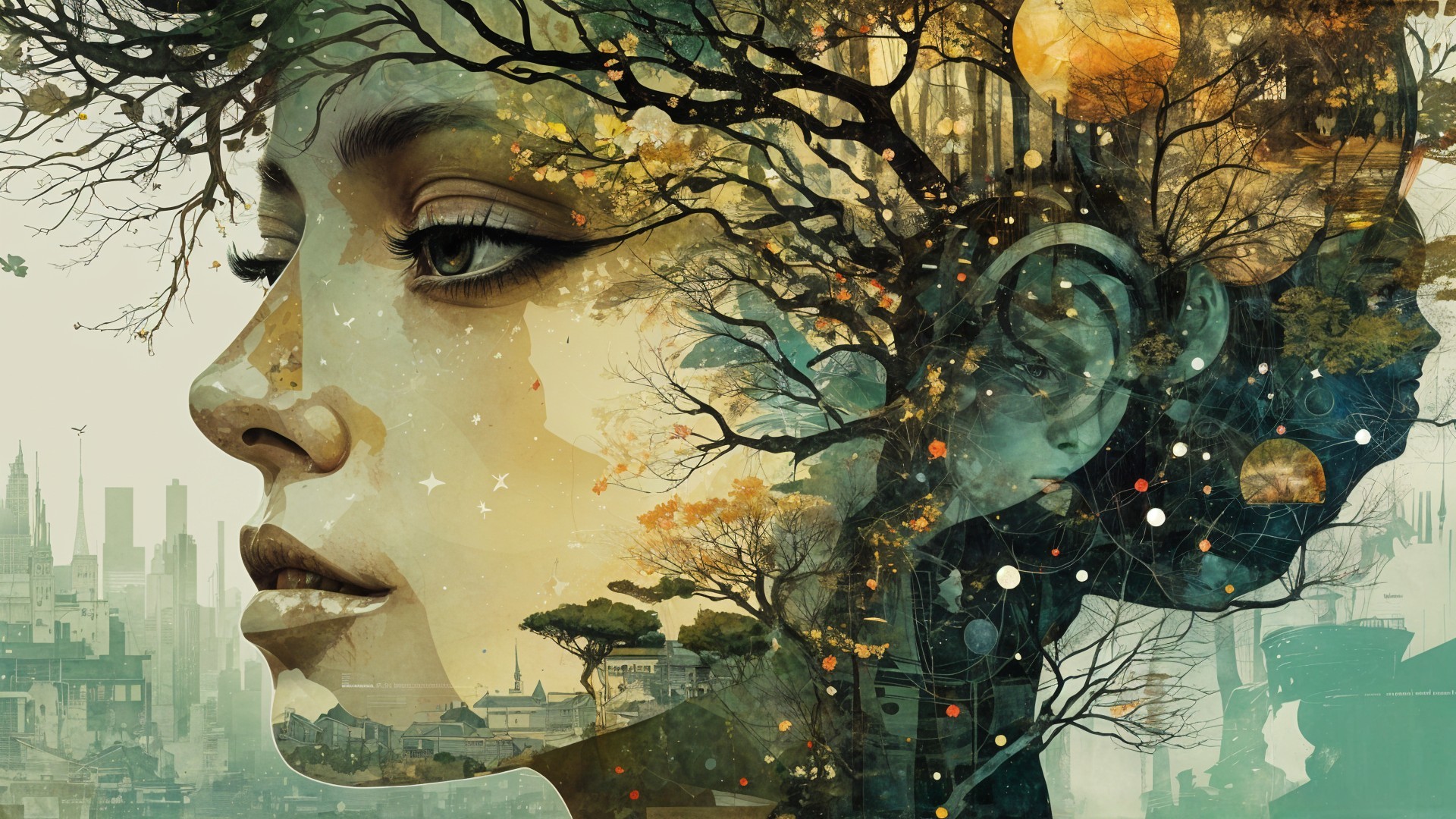 Surreal Portrait Blending Nature and Urban Landscapes