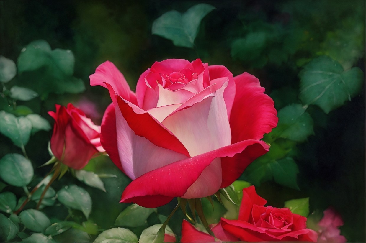 Vibrant Red Rose with White Edges in Green Background