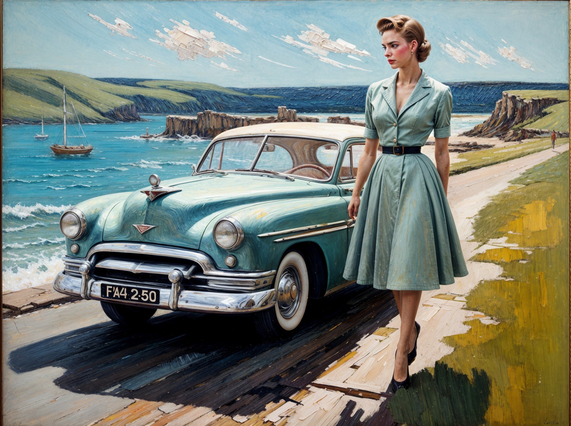 Vintage Seaside Scene with Classic Car and Elegant Woman