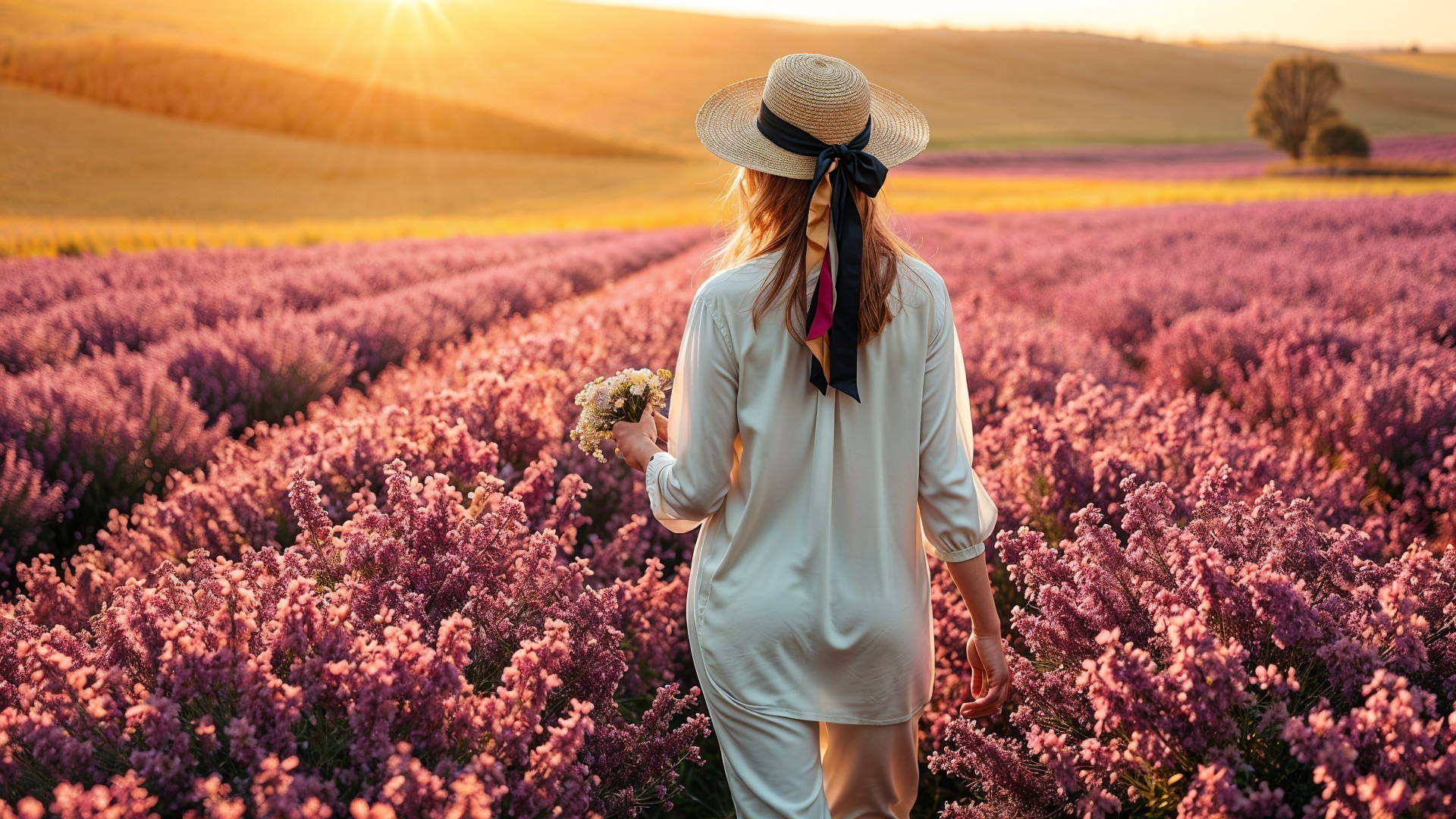 Woman in Lavender Field at Sunset with Flowers