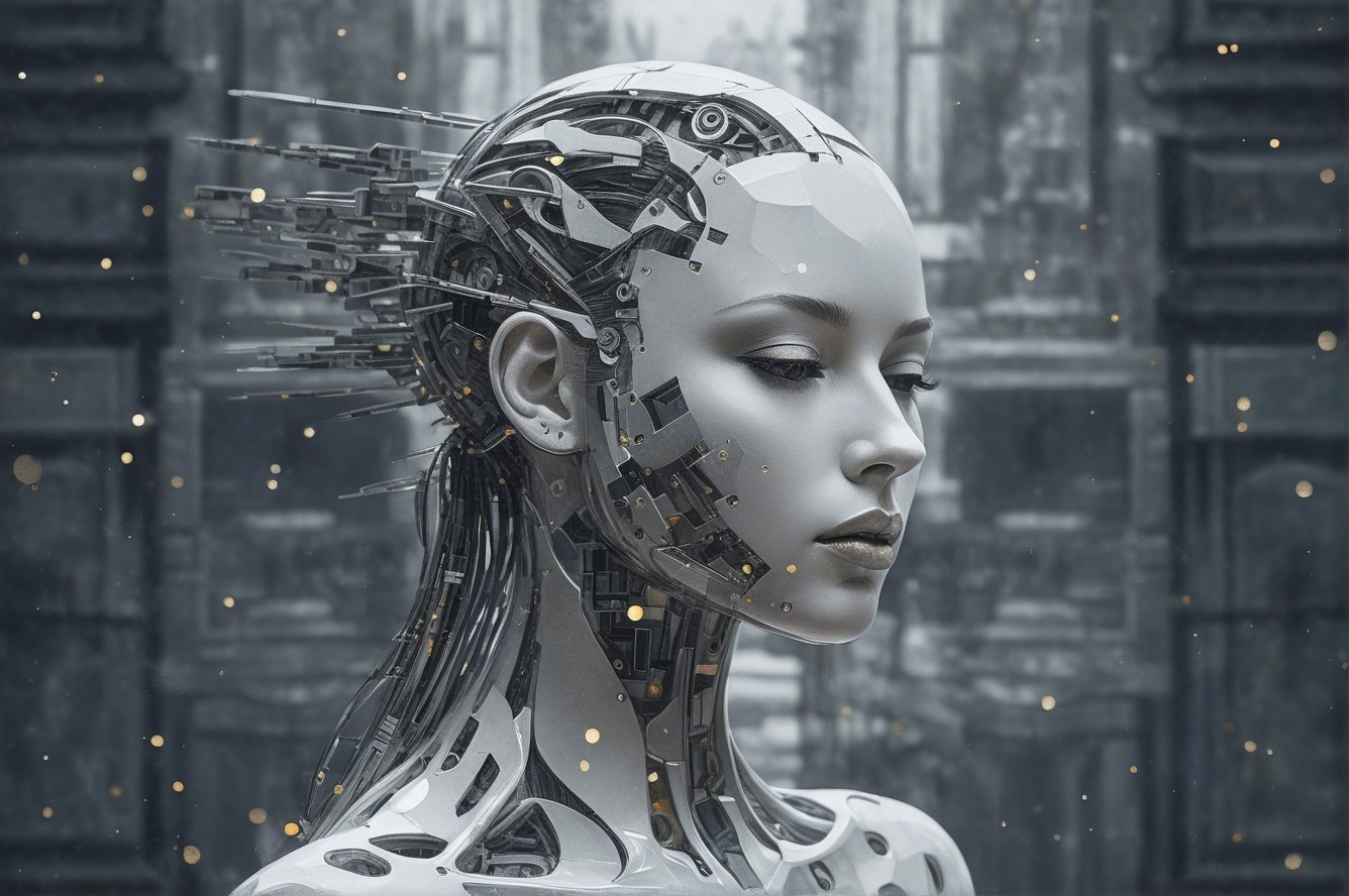 Futuristic Humanoid Figure with Metallic Head and Circuitry