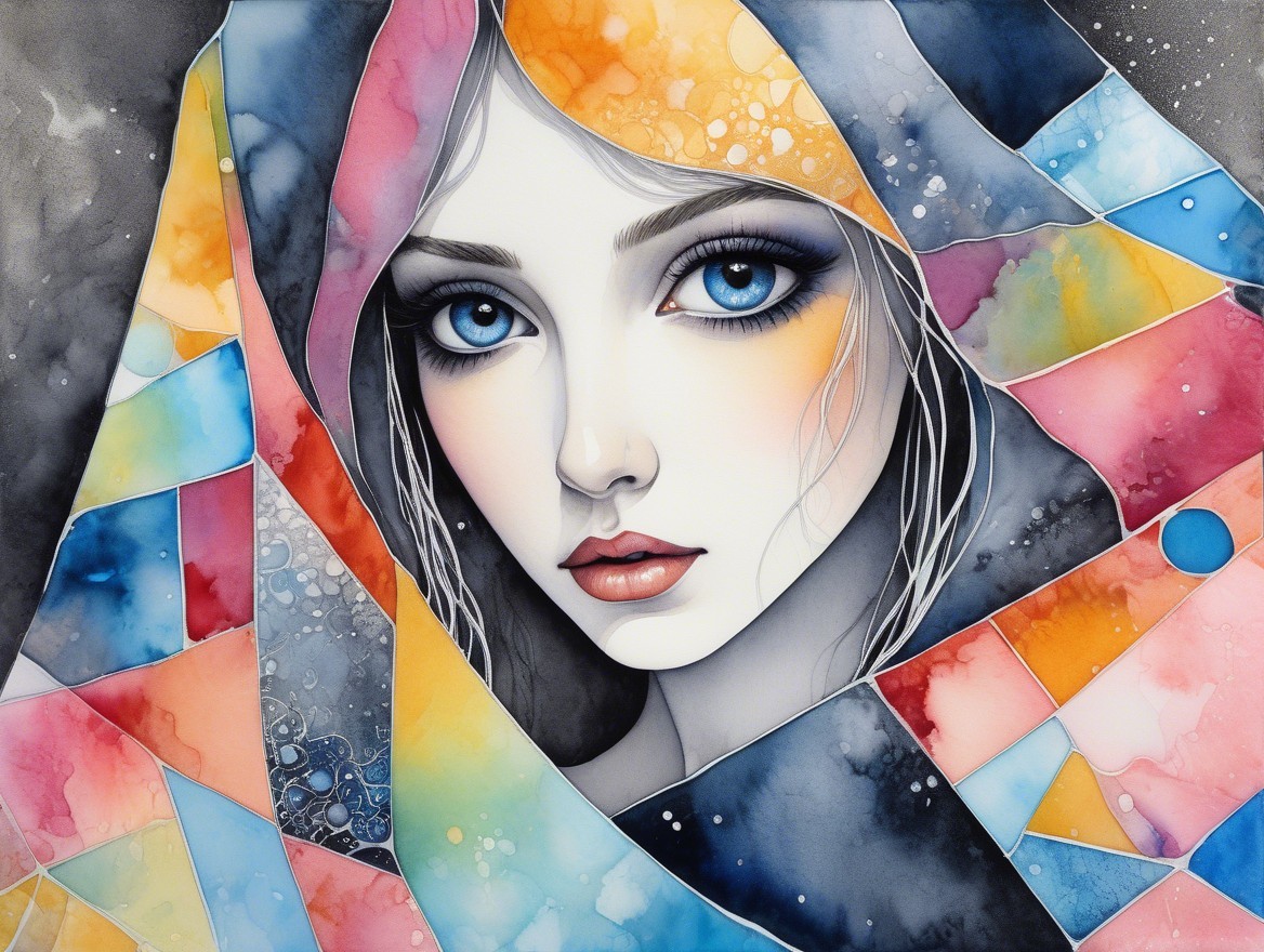 Portrait of a Woman with Blue Eyes and Abstract Shawl