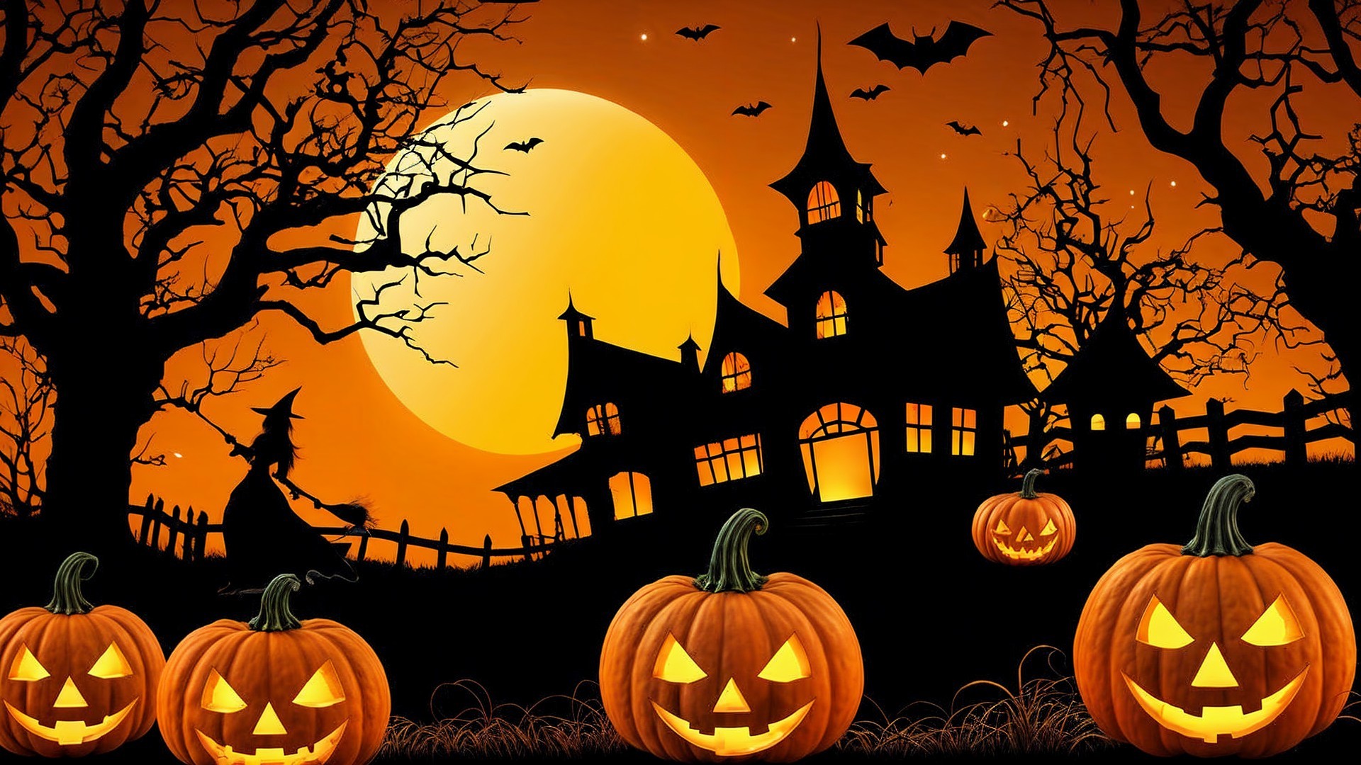 Haunted House Scene with Full Moon and Pumpkins
