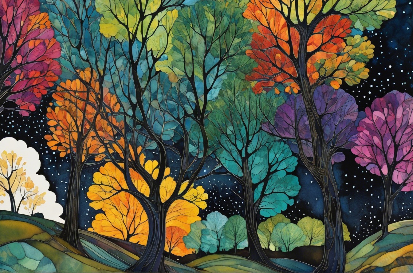 Colorful Night Forest Scene with Starry Background
