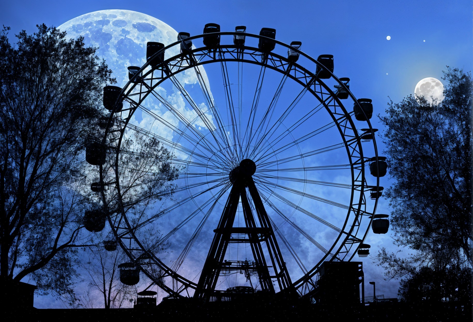 Silhouette of Ferris Wheel Under Twilight Moons