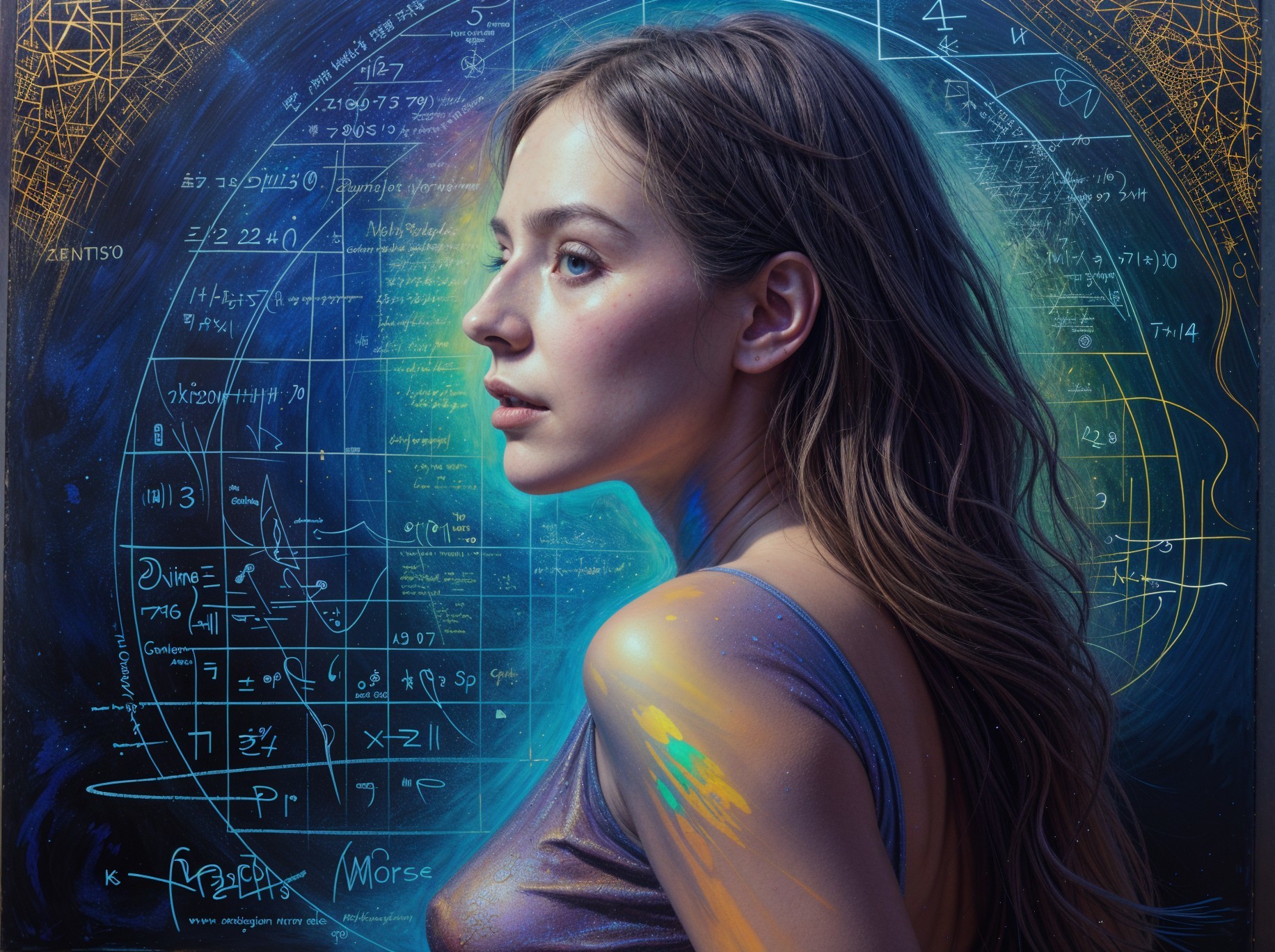 Woman with Wavy Hair Against Mathematical Backdrop