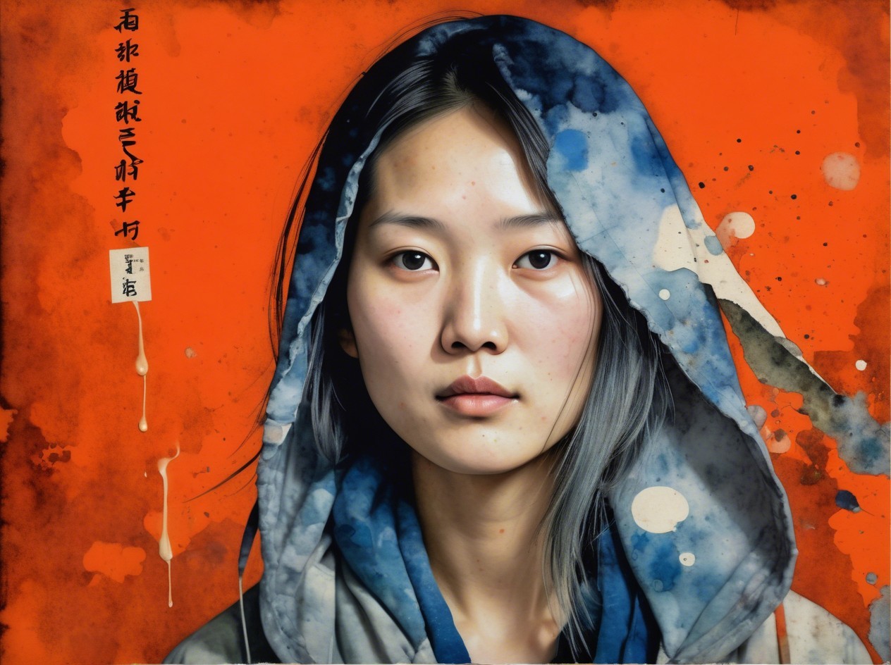 Young woman in blue-gray hood with orange background