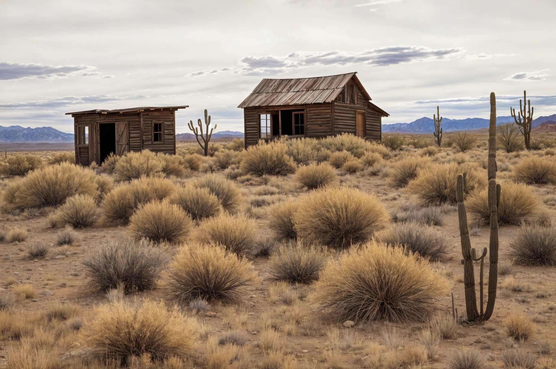 Abandoned Wooden Structures in Desert Landscape