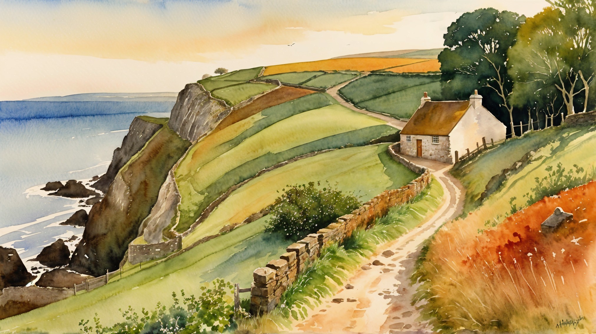 Picturesque Landscape with Cottage on Green Hillside