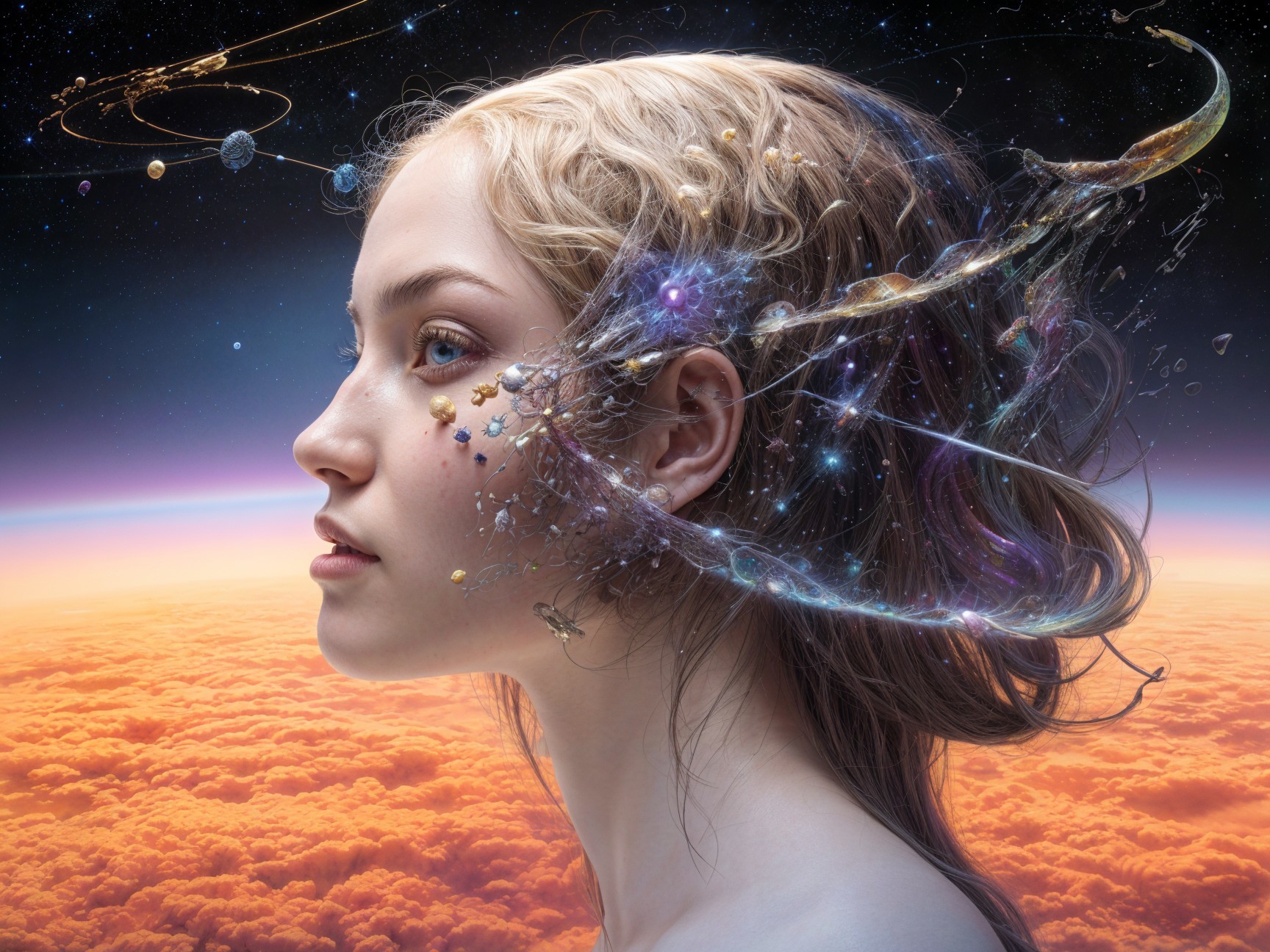 Young Woman in Profile Against Cosmic Backdrop