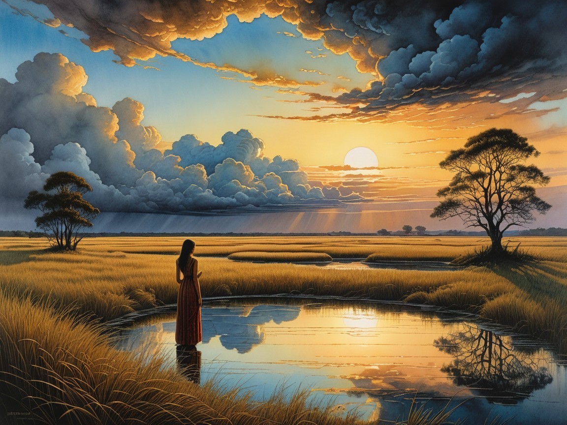 Serene sunset landscape with woman by tranquil pond