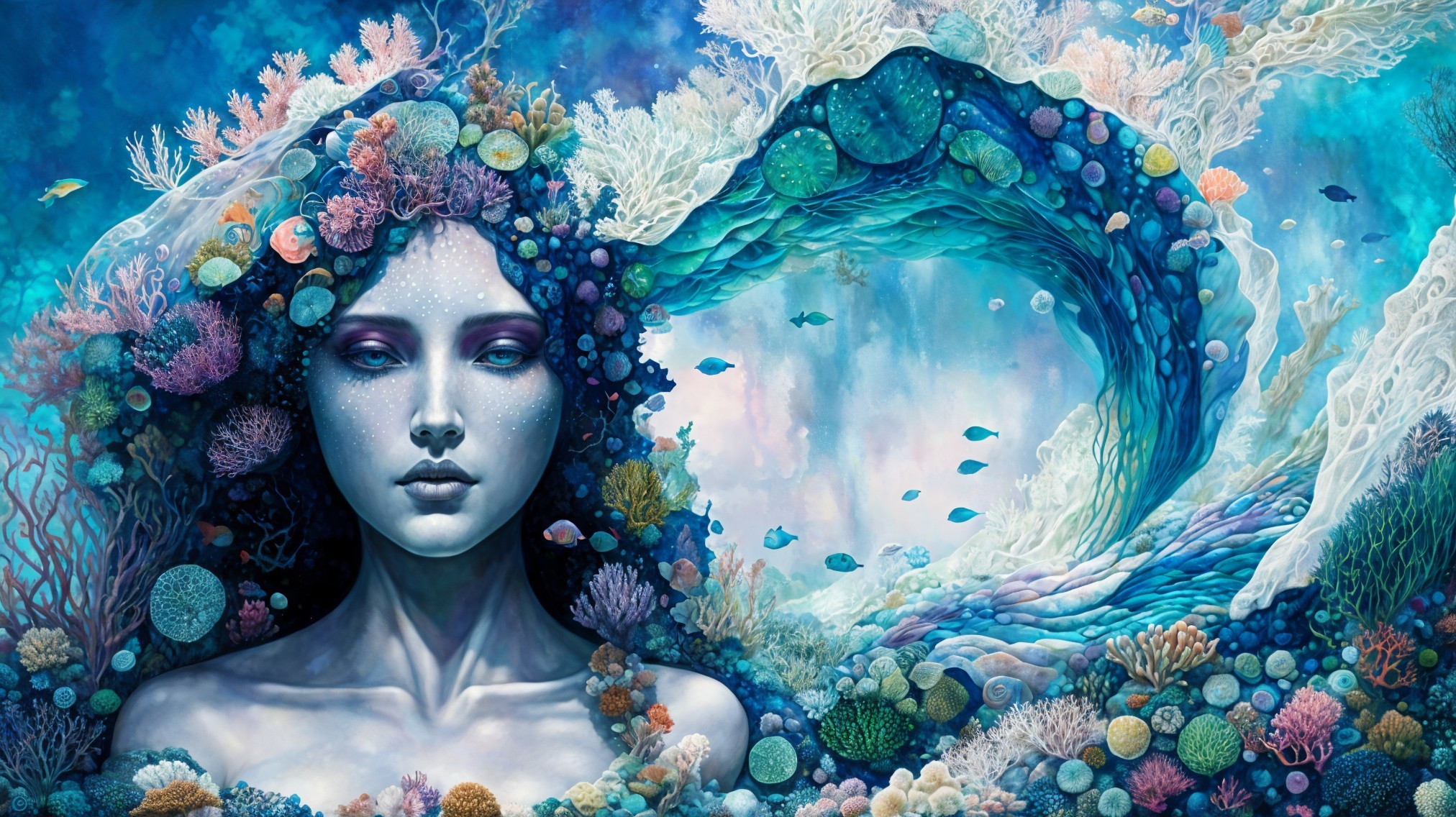 Ethereal Woman in Vibrant Underwater Landscape
