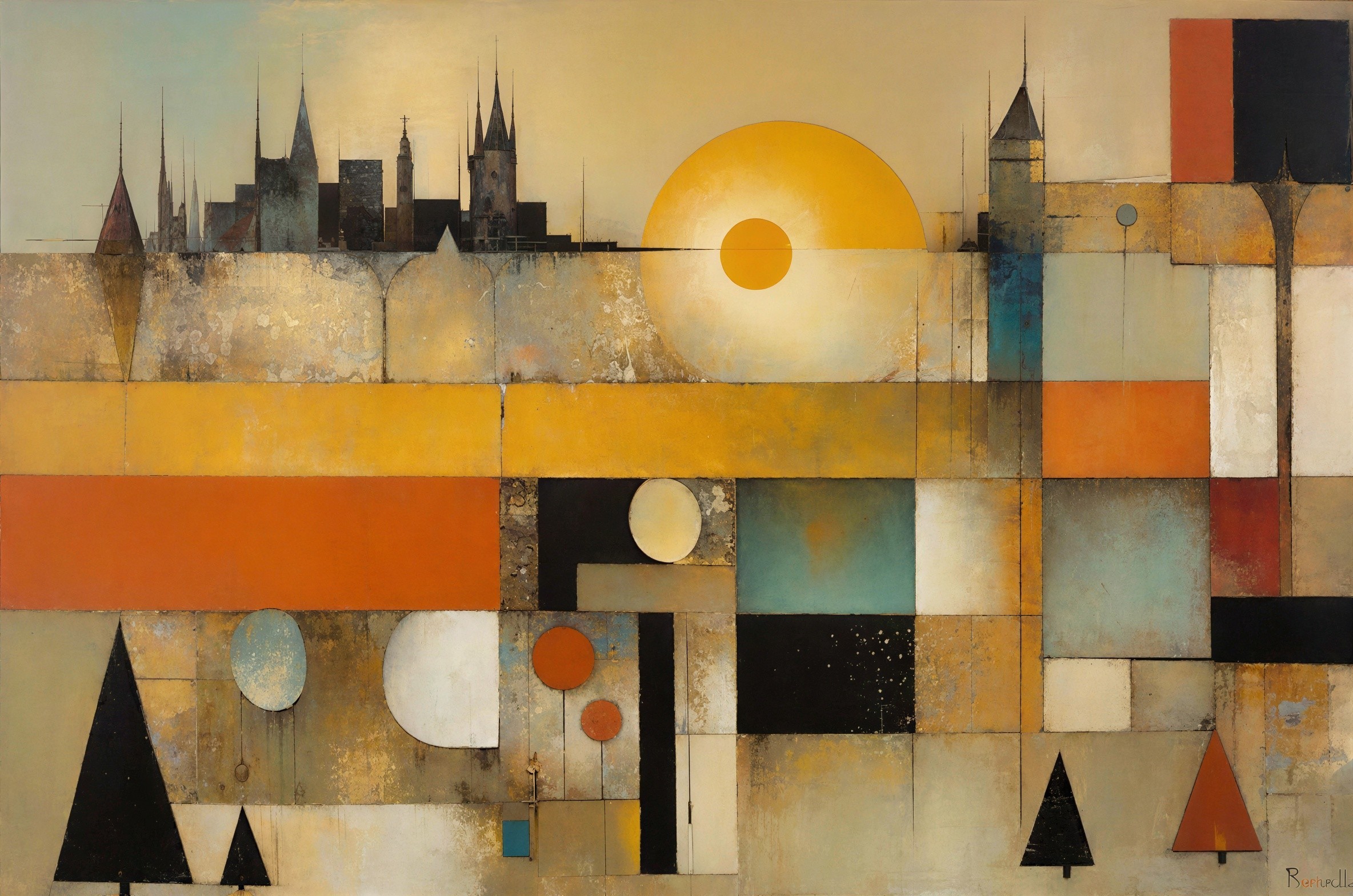 Abstract Painting with Geometric Cityscape Elements