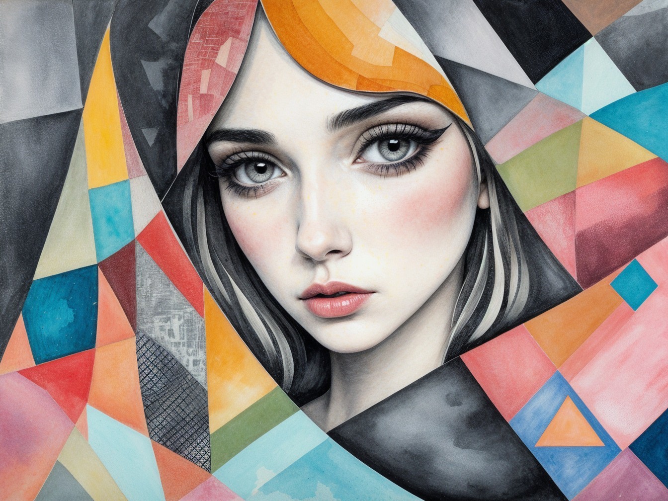 Young Woman's Face in Vibrant Abstract Mosaic Art
