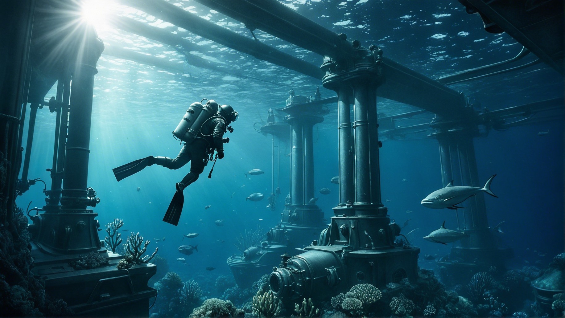 Diver in an underwater fantasy city with marine life