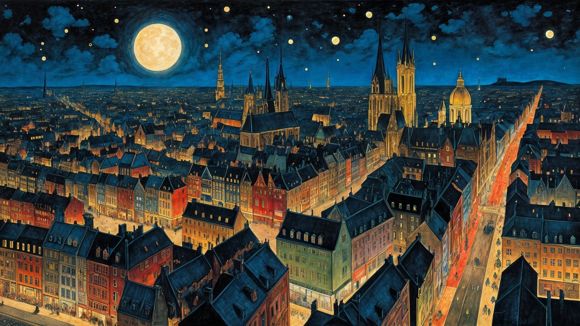 City Night Scene with Moonlit Skyline and Stars