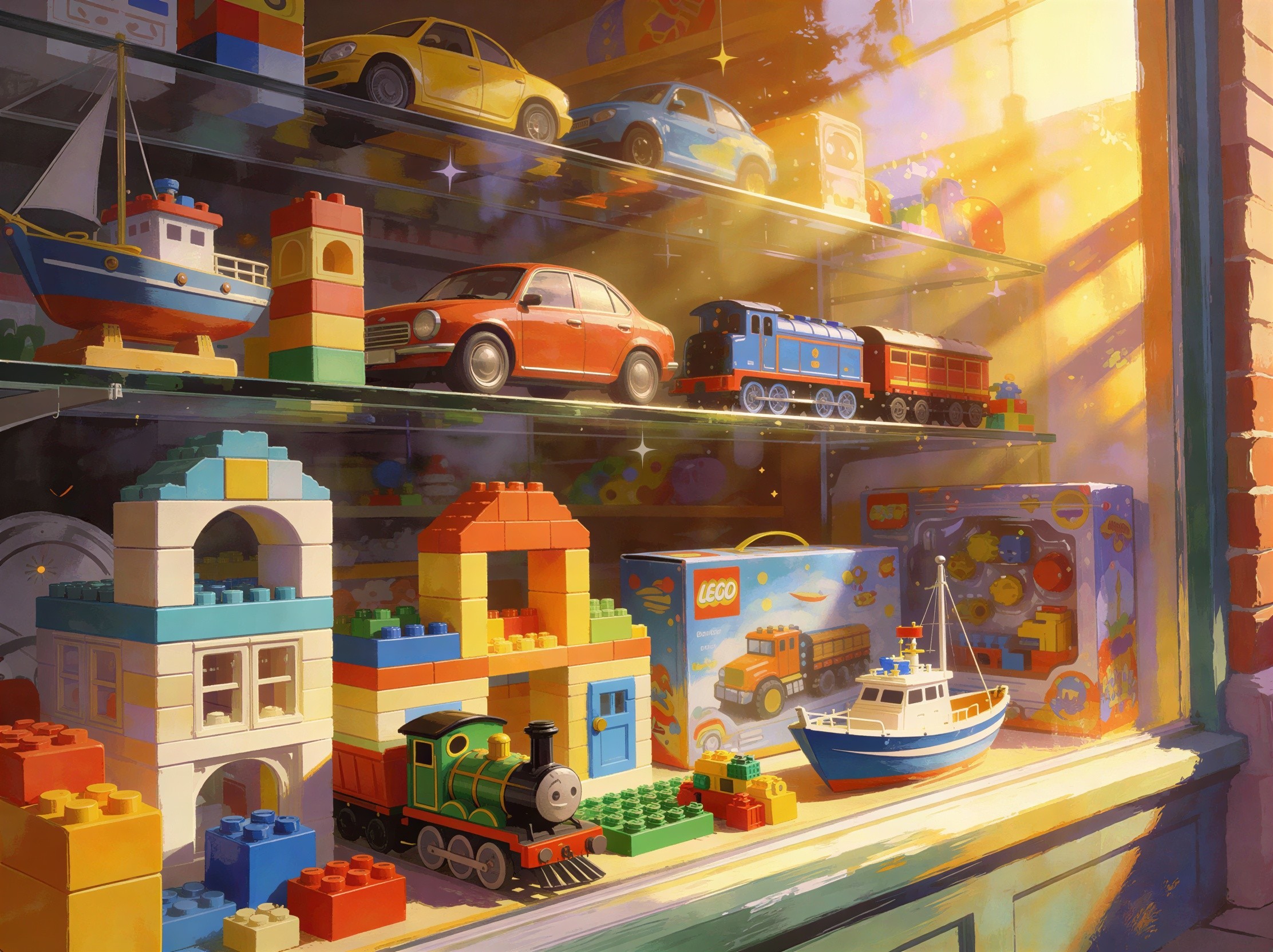 Vibrant Toy Store Window in Late Afternoon Light