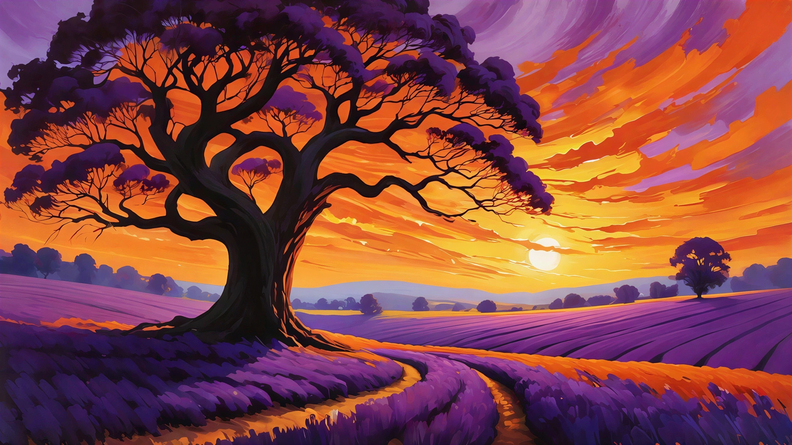 Vibrant Sunset Landscape with Gnarled Tree and Lavender
