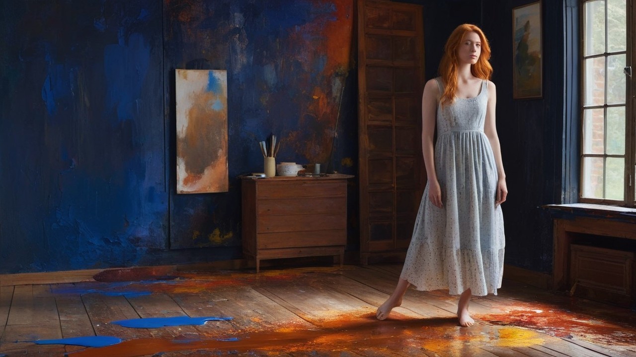 Woman with Red Hair in Colorful Artistic Space