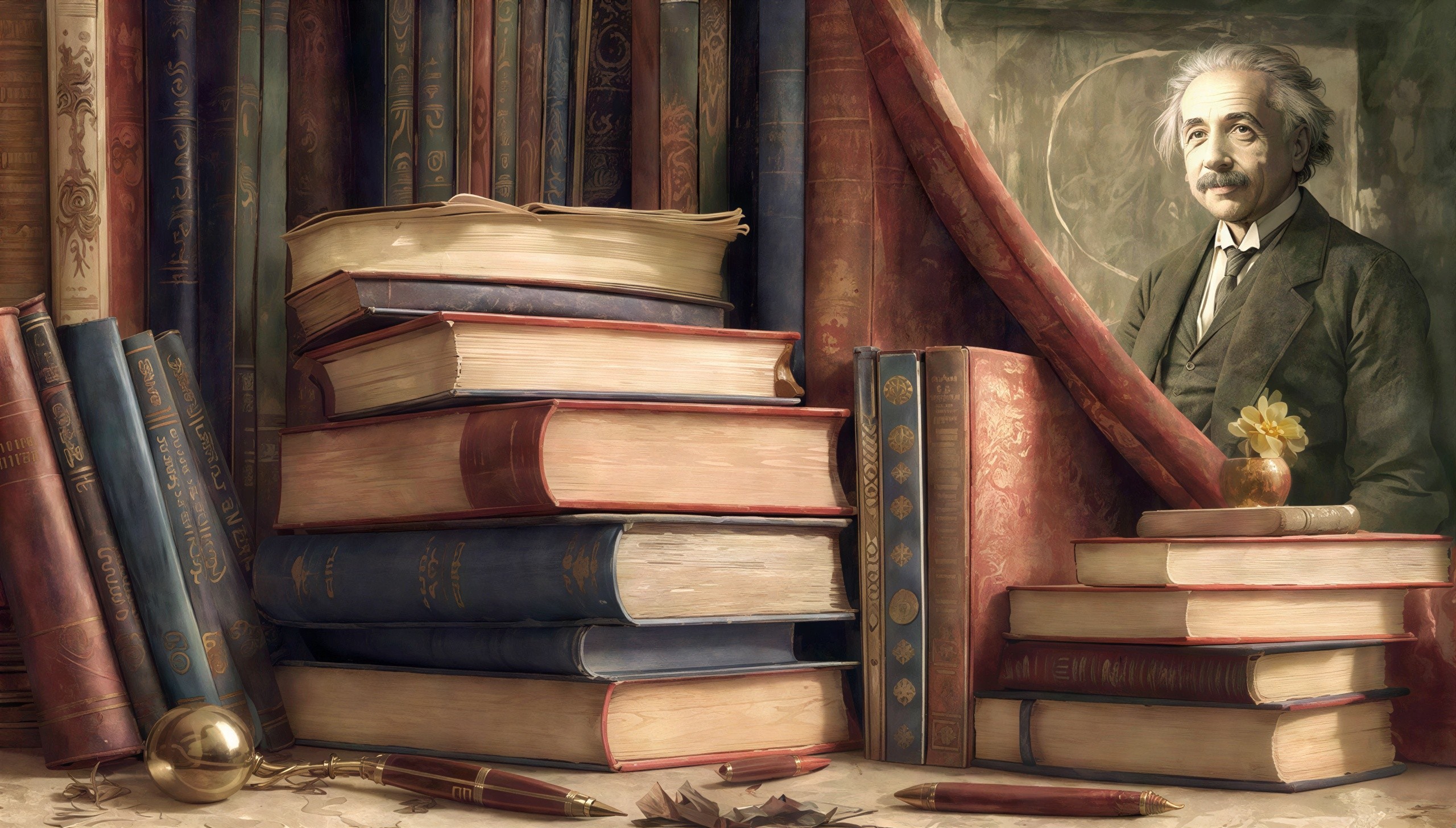 Aged Einstein Portrait in Academic Setting with Crimson Fabric