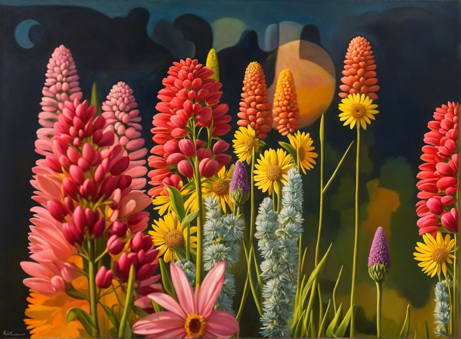 Surreal Landscape with Colorful Flowers and Glow