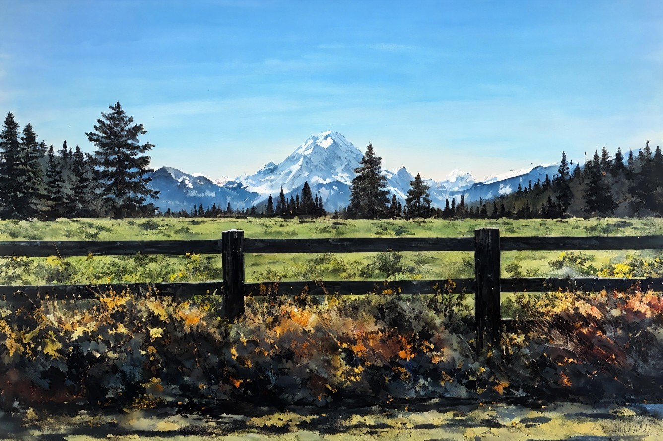 Serene Landscape with Snow-Capped Mountain and Fields