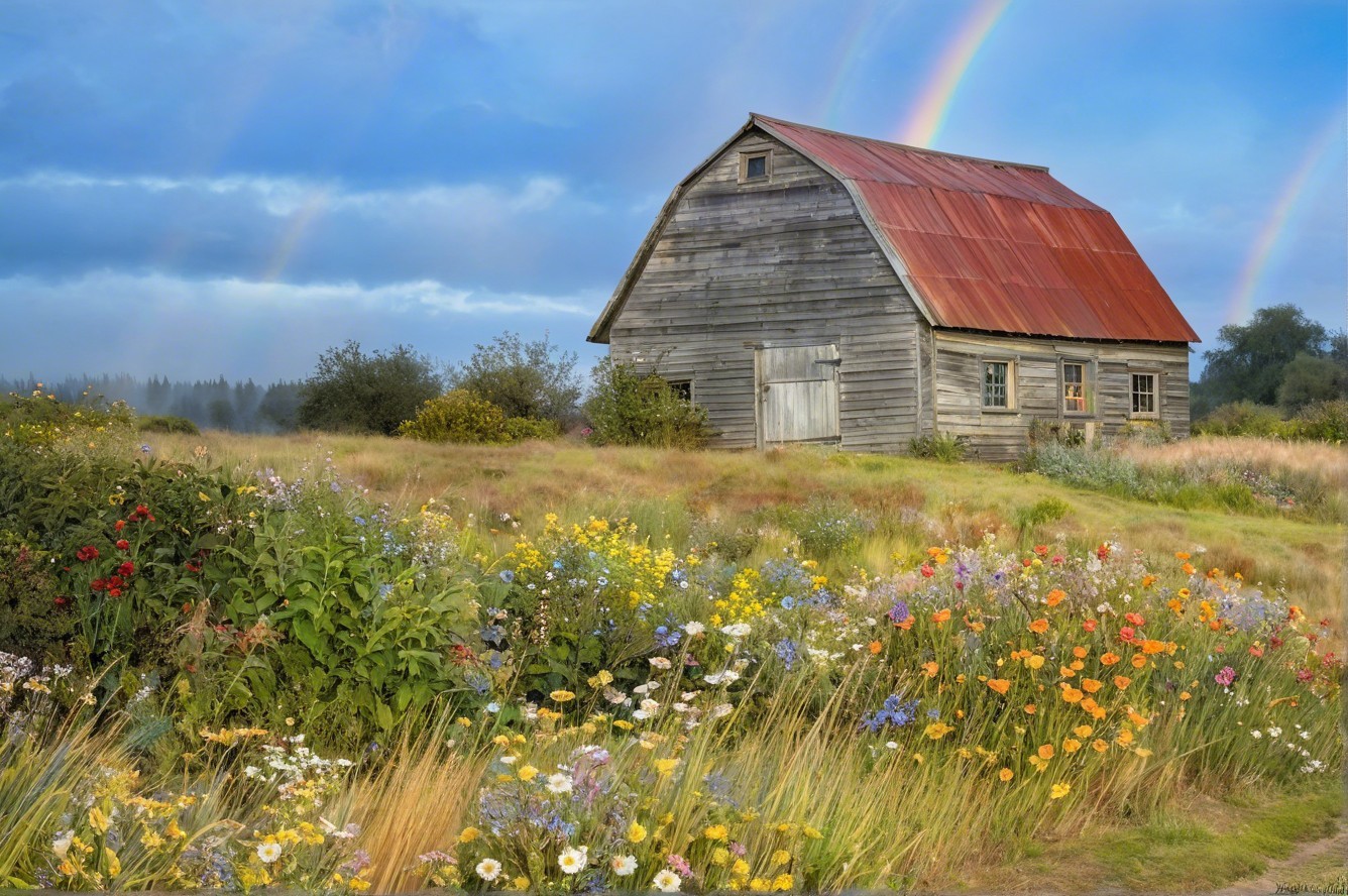 Rustic Barn Surrounded by Colorful Wildflowers and Rainbows