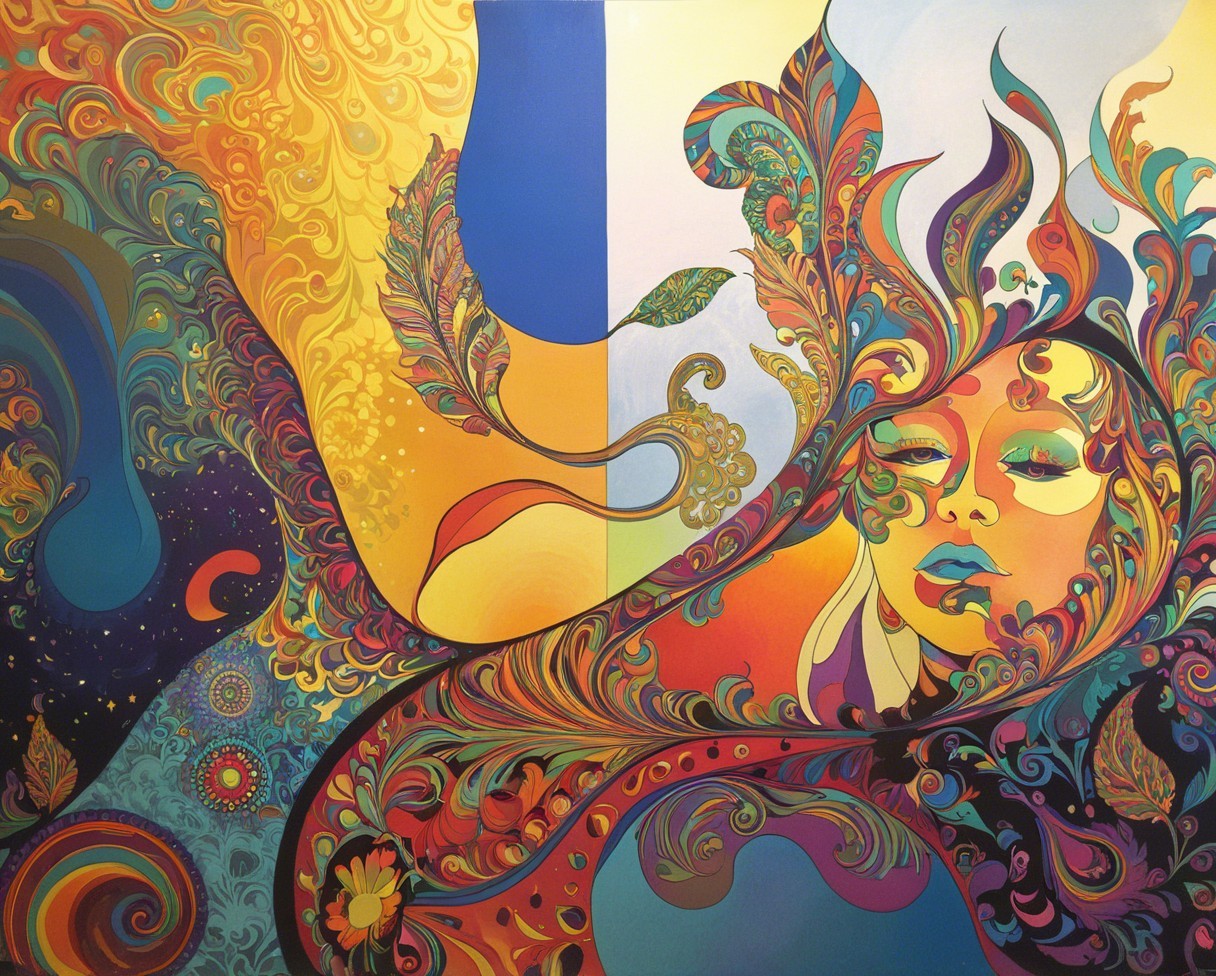 Vibrant Abstract Artwork with Floral Motifs and Colors