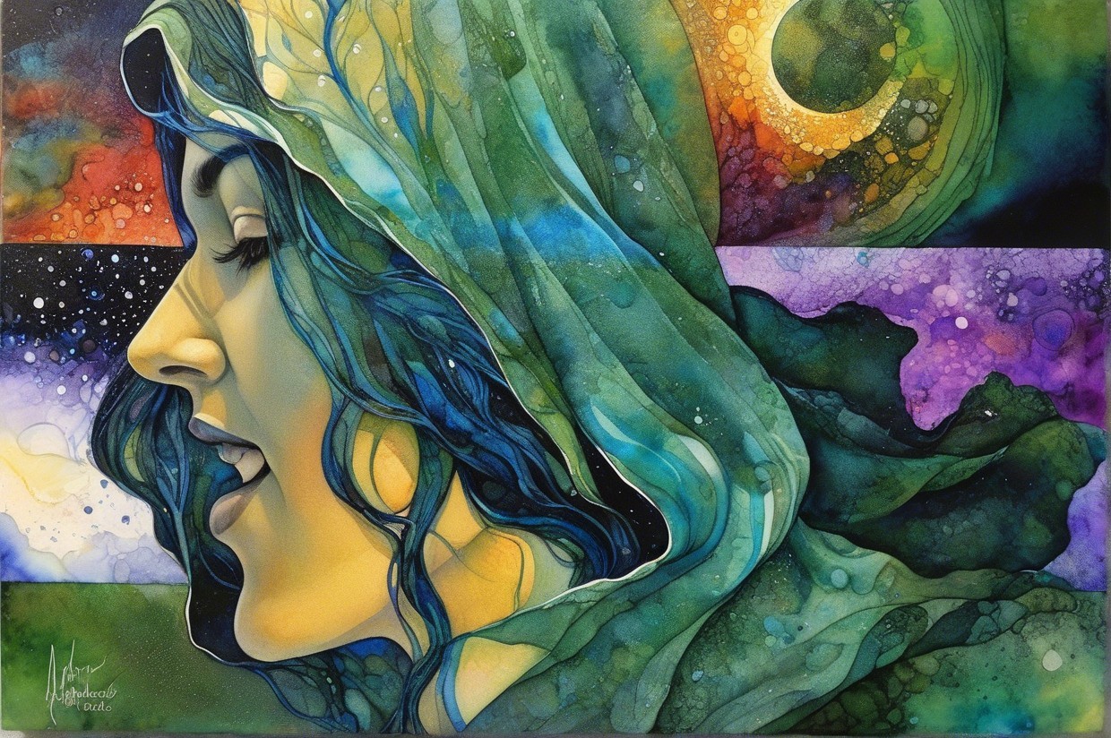 Vibrant Watercolor of Woman in Profile with Veil