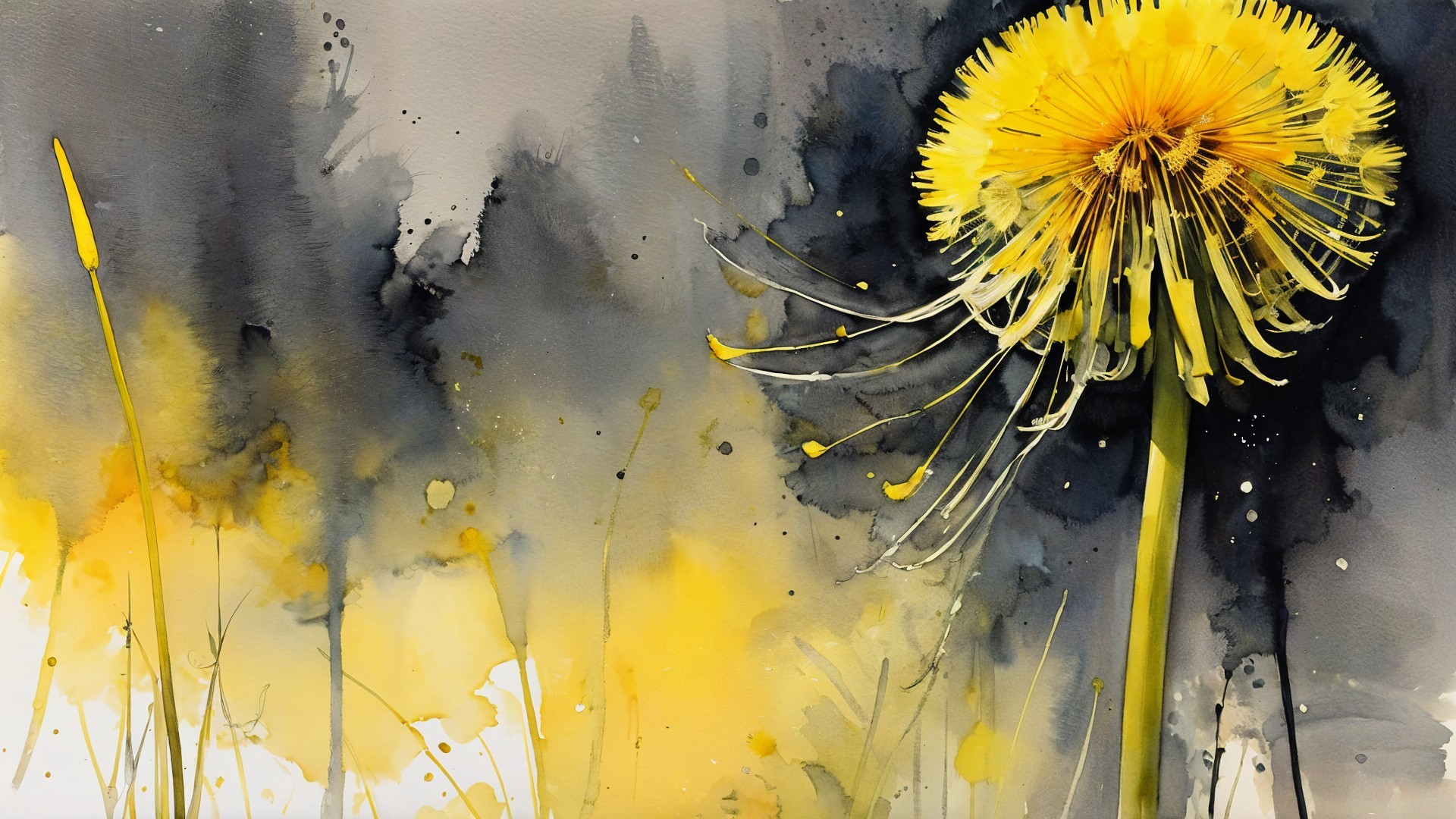 Vibrant Dandelion with Yellow Petals in Watercolor