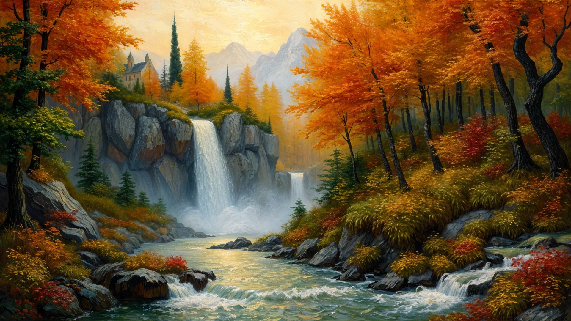 Vibrant Autumn Landscape with Waterfall and Mountains