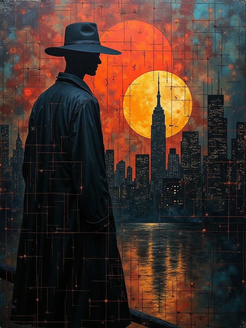 Silhouetted Figure Against Dramatic Sunset Skyline