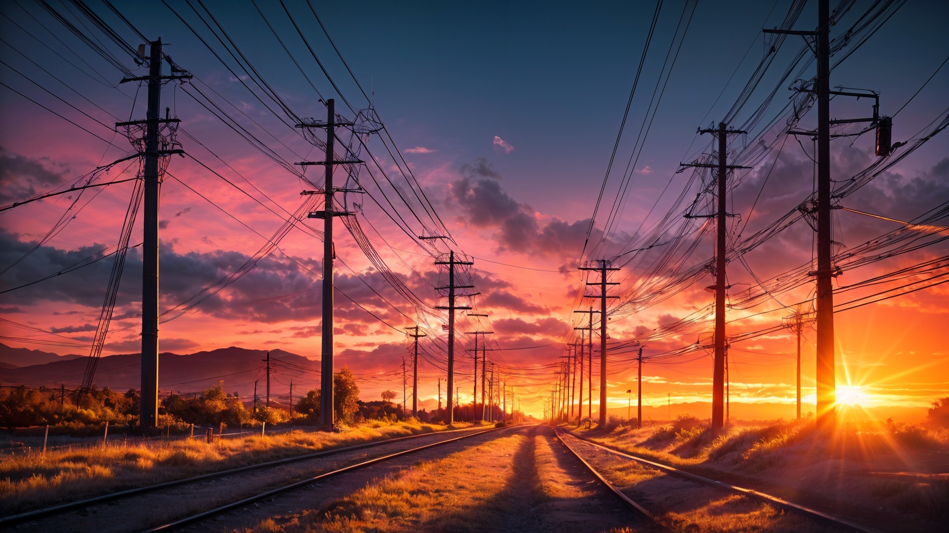 Sunset Landscape with Railway Tracks and Mountains
