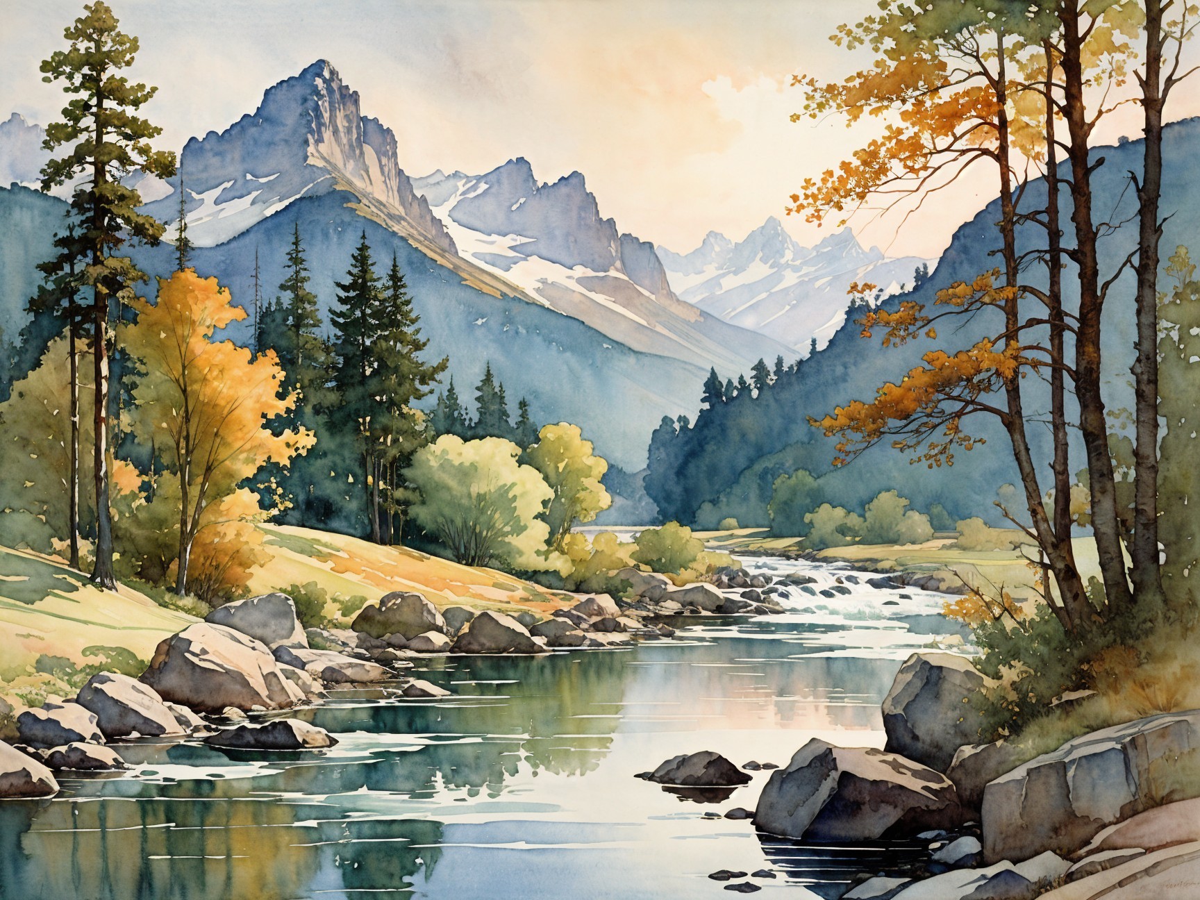 Serene Landscape with River and Autumn Foliage