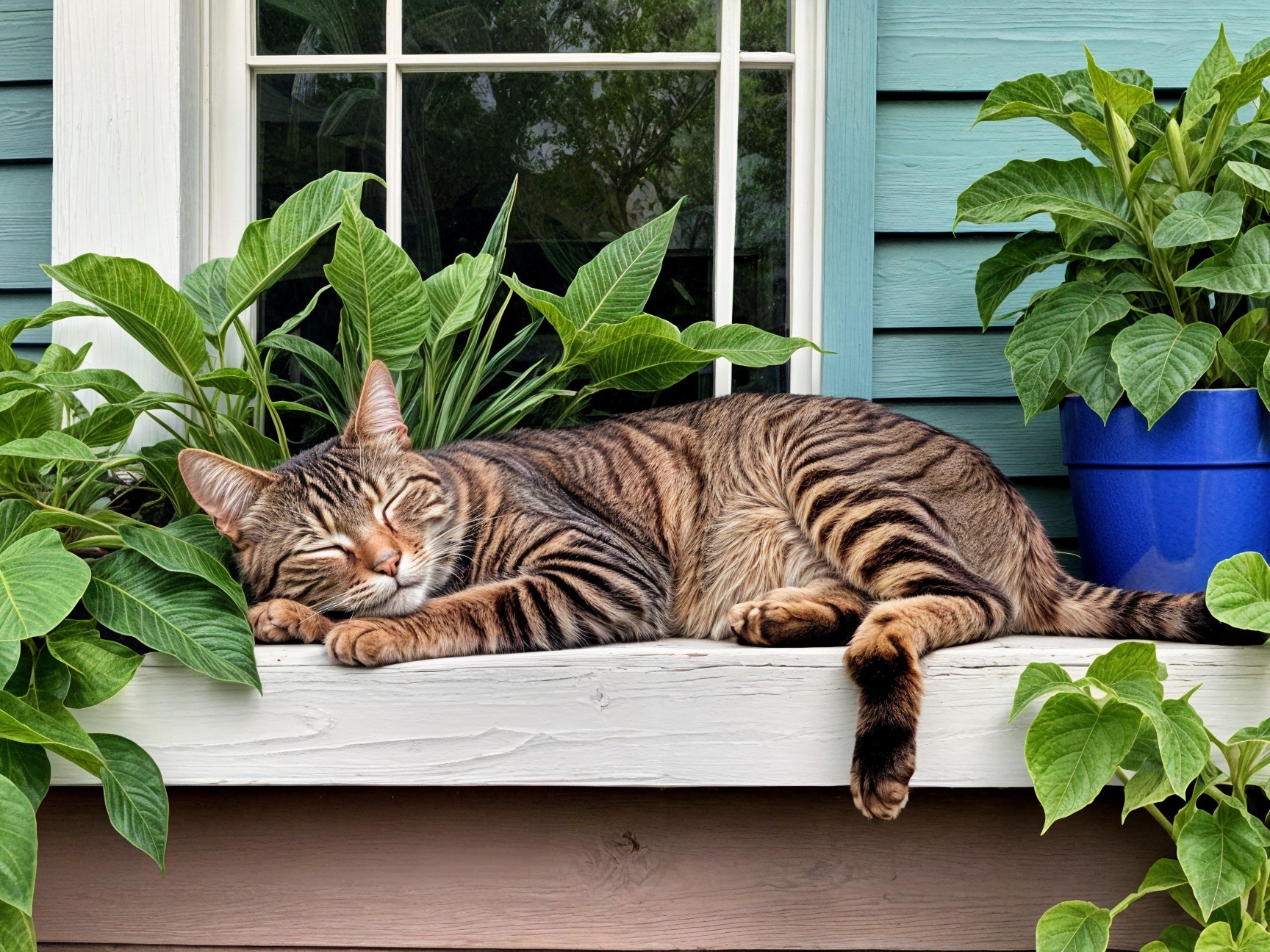 Striped Tabby Cat Relaxing on a Windowsill with Plants