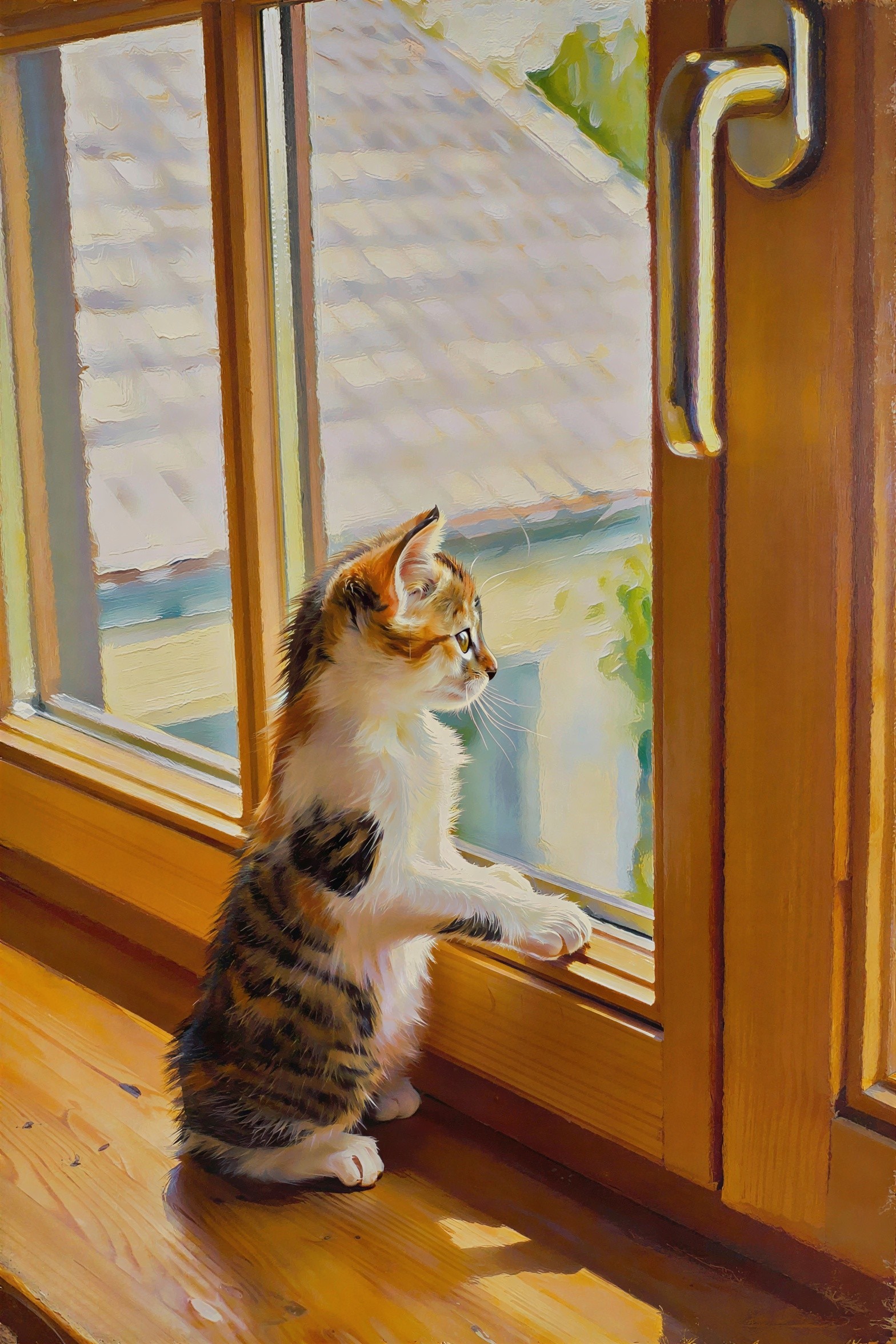 Calico Kitten on Weathered Windowsill in Oil Painting